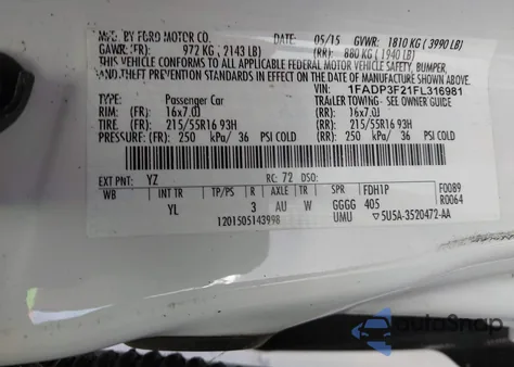 2015 Ford Focus Se z USA, uszkodzony, nr VIN 1FADP3F21FL316981